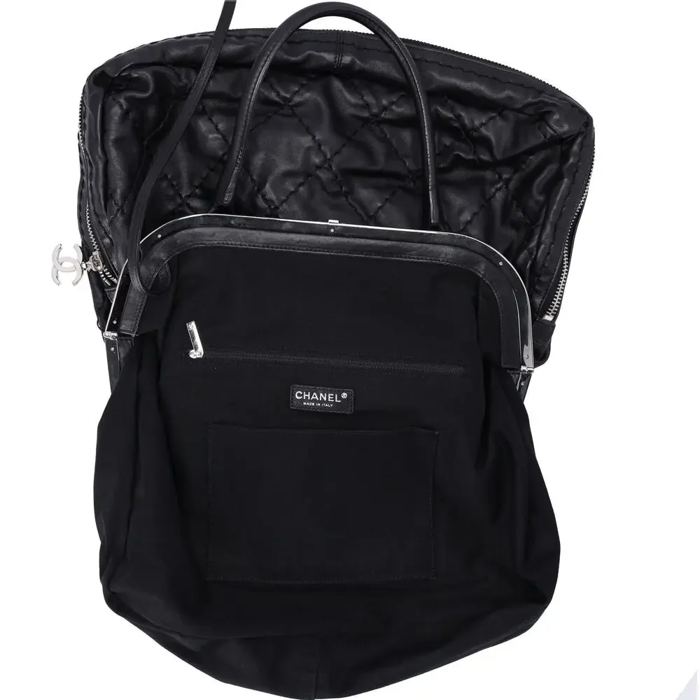 CHANEL Wild Stitch Expandable Frame Tote Bag Black Leather